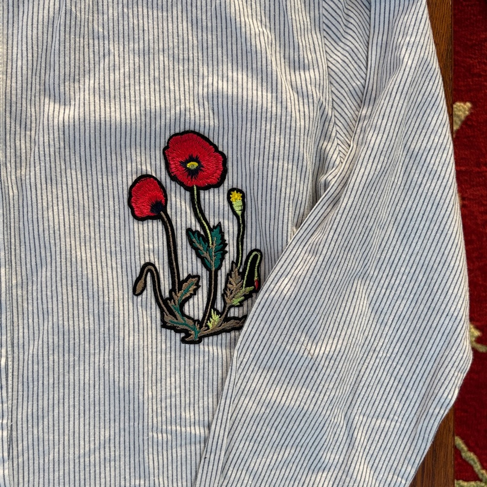 Sam Edelman Pin Striped Shirt Dress or Nightshirt with Floral Embroidery Large - Picture 4 of 9